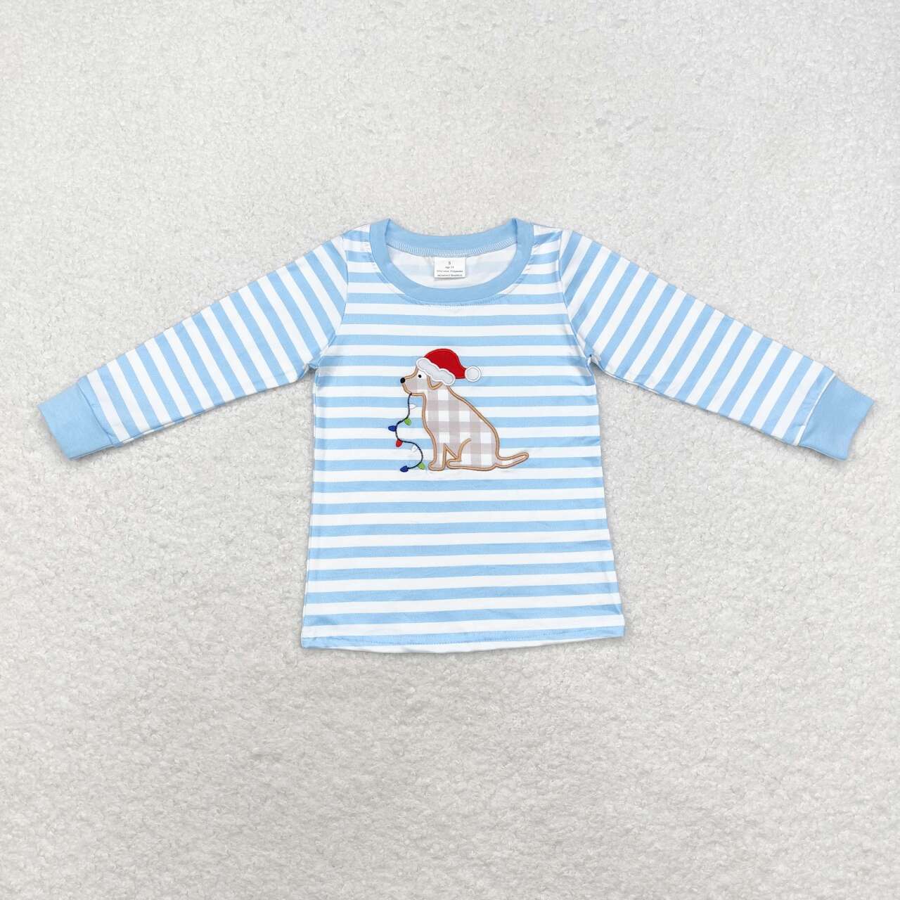 embroidery BT0791 Christmas dog light blue striped long sleeve boys pullover top