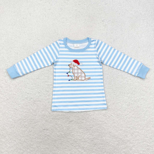 embroidery BT0791 Christmas dog light blue striped long sleeve boys pullover top