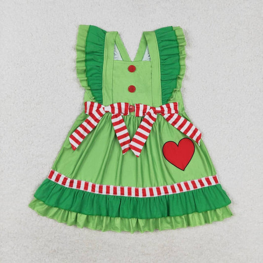 GSD1356 Christmas heart green flutter sleeve girls dress