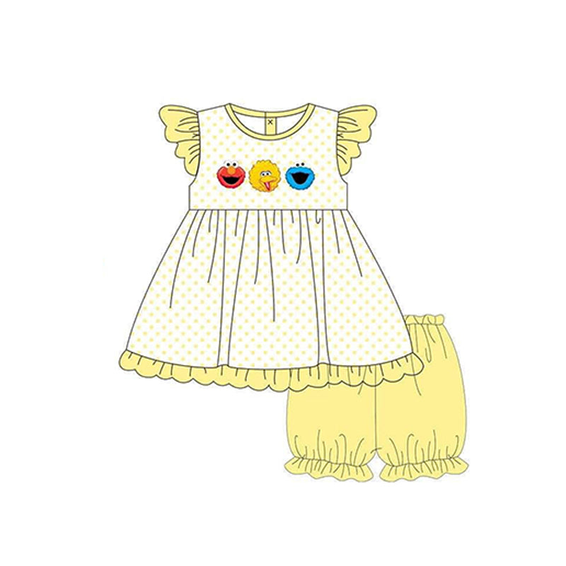 custom S cute cartoon animals yellow dot flutter sleeve yellow shorts girls set