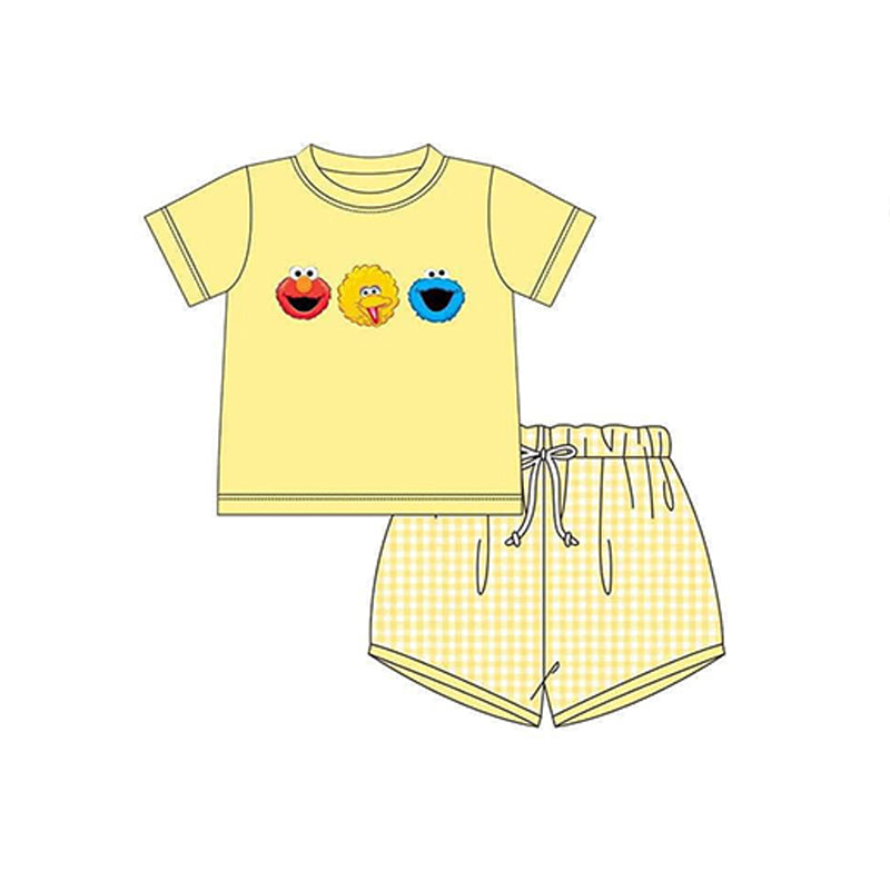 custom S cute cartoon animals yellow short sleeve yellow checkered shorts boys set