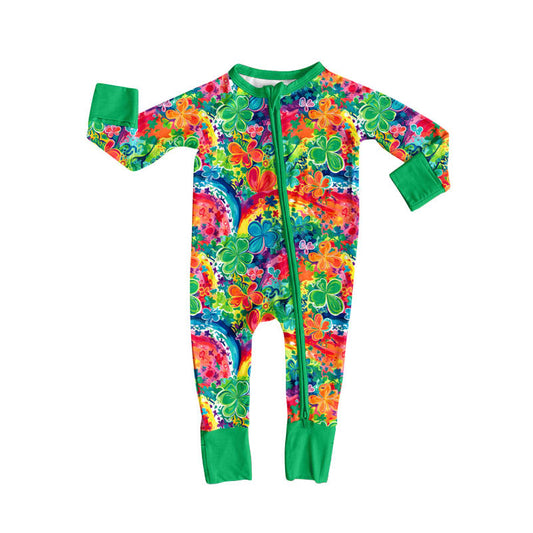 Custom moq 20 bamboo St Patrick colorful print clover geen zipper long sleeve girls romper