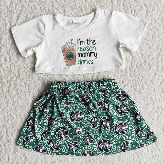 2 pcs Baby Girls Coffee Print Crop Top Kids Dress Skirt