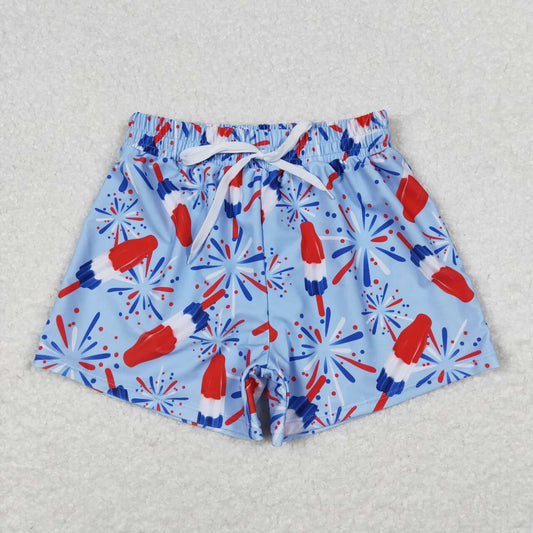 S0336 July 4th ice firework blue boys swimming trunk