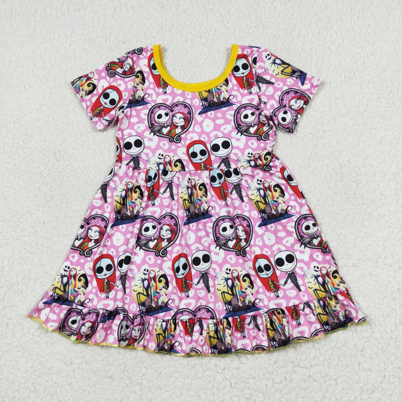 GSD1317 Halloween skull hot pink leopard short sleeve girls dress