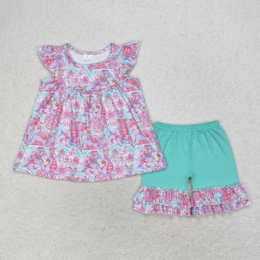 GSSO1356 Tropical hot pink flowers print flutter sleeve blue shorts girls set