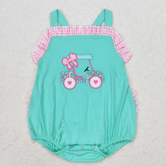 SR1223 embroidery Golf car hot pink checkered green girls romper