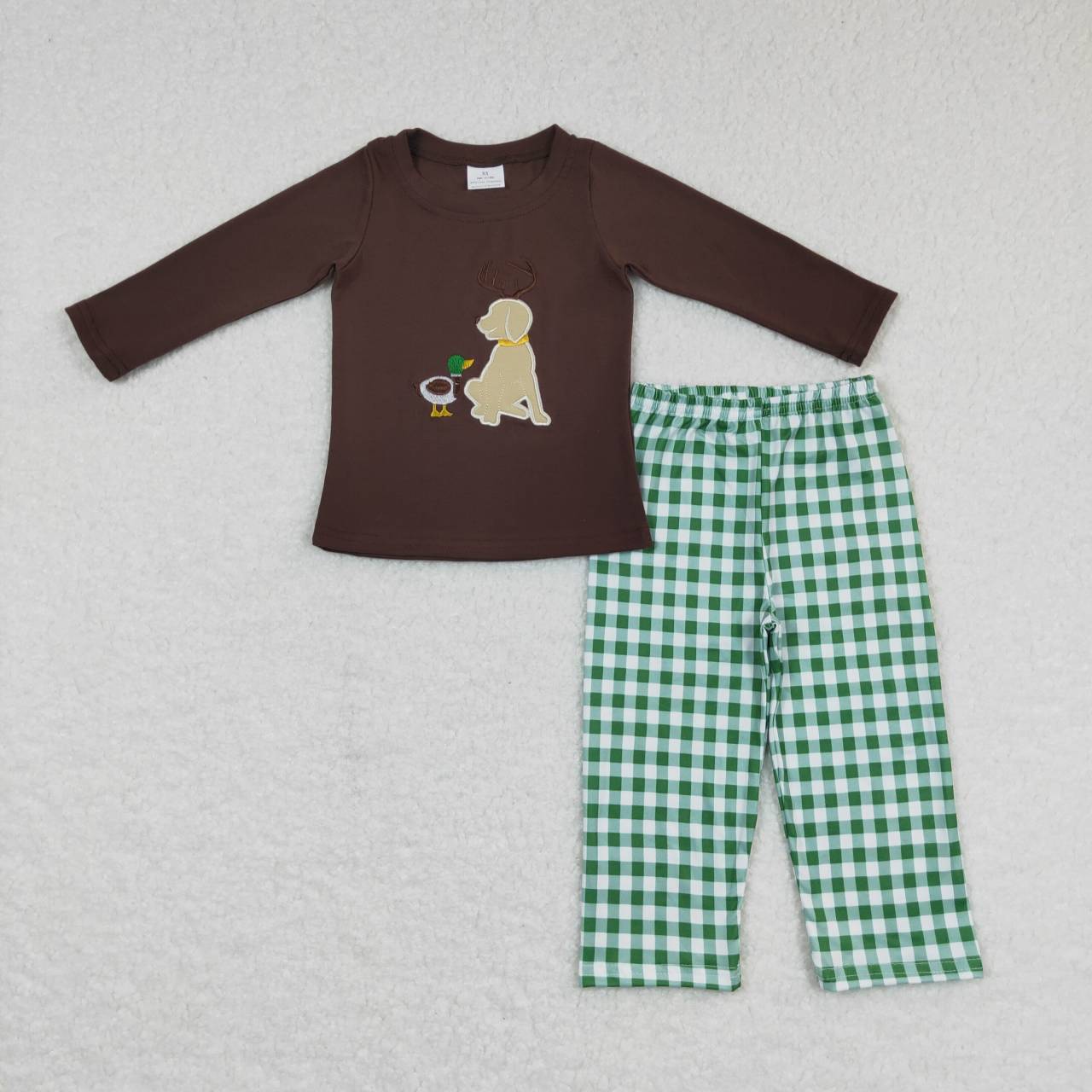 BLP0293 Hunt duck dog deer brown long sleeve green striped pants boys set