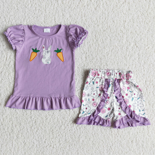 E6-20 Easter Purple Rabbits Girls Embroider Outfits