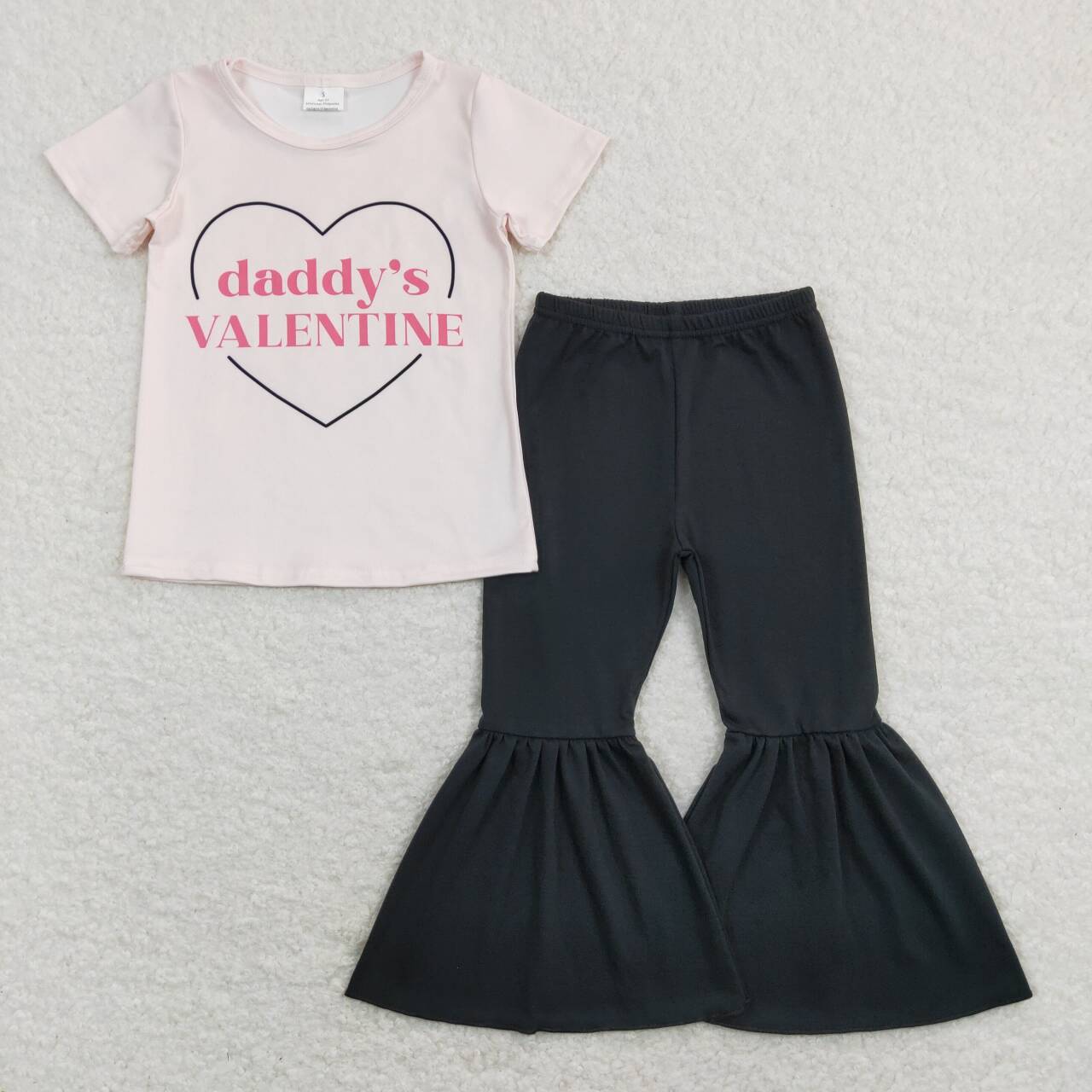 GSPO1314 Daddy's Valentine Pink Short Sleeve Black Bell-bottom Pants Girls Set