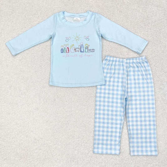 BLP0504 The Nativity Story blue long sleeve blue checkered pants boys set