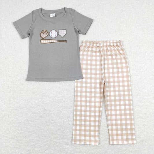 BSPO0244 Play baseball brown short sleeve khaki checkered pants boys set