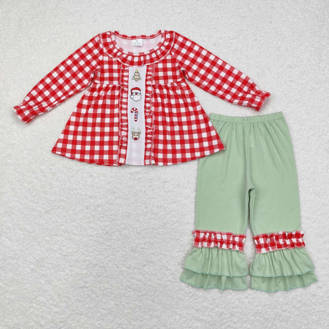 GLP1439 embroidery Christmas Santa tree red checkered long sleeve green pants girls set