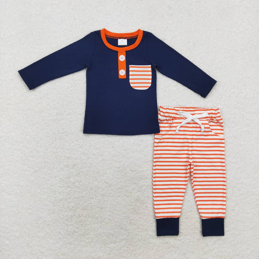 BLP0627 navy blue pocket long sleeve orange striped pants boys set