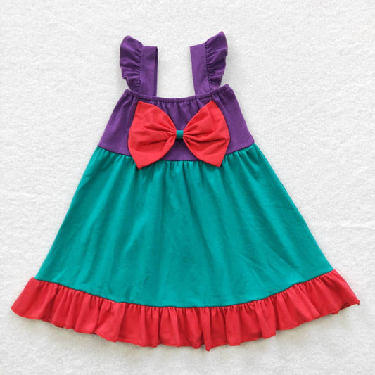 GSD0345 Flutter Sleeve Cartoon Green &Purple Red Bow Baby Kids Dress