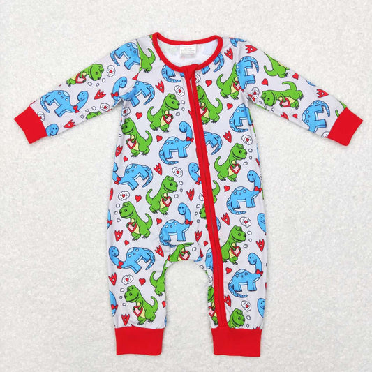 LR0831 Valentine's Day dinosaur heart long sleeve zipper kids romper