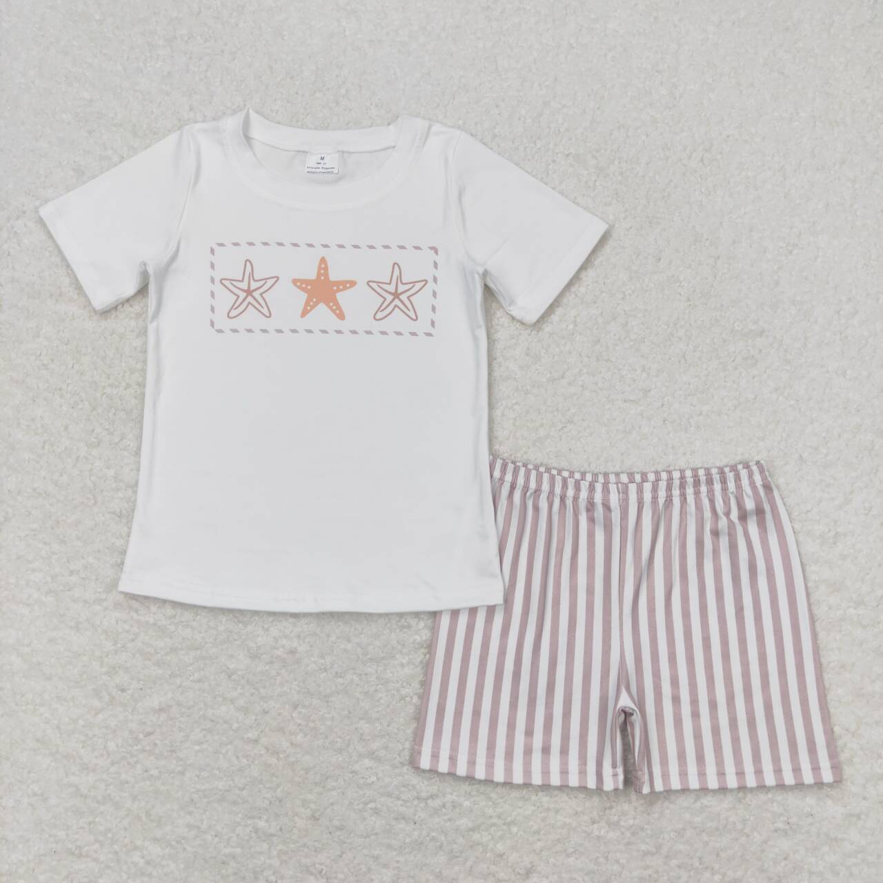 BSSO0826 starfish white short sleeve khaki striped shorts boys set