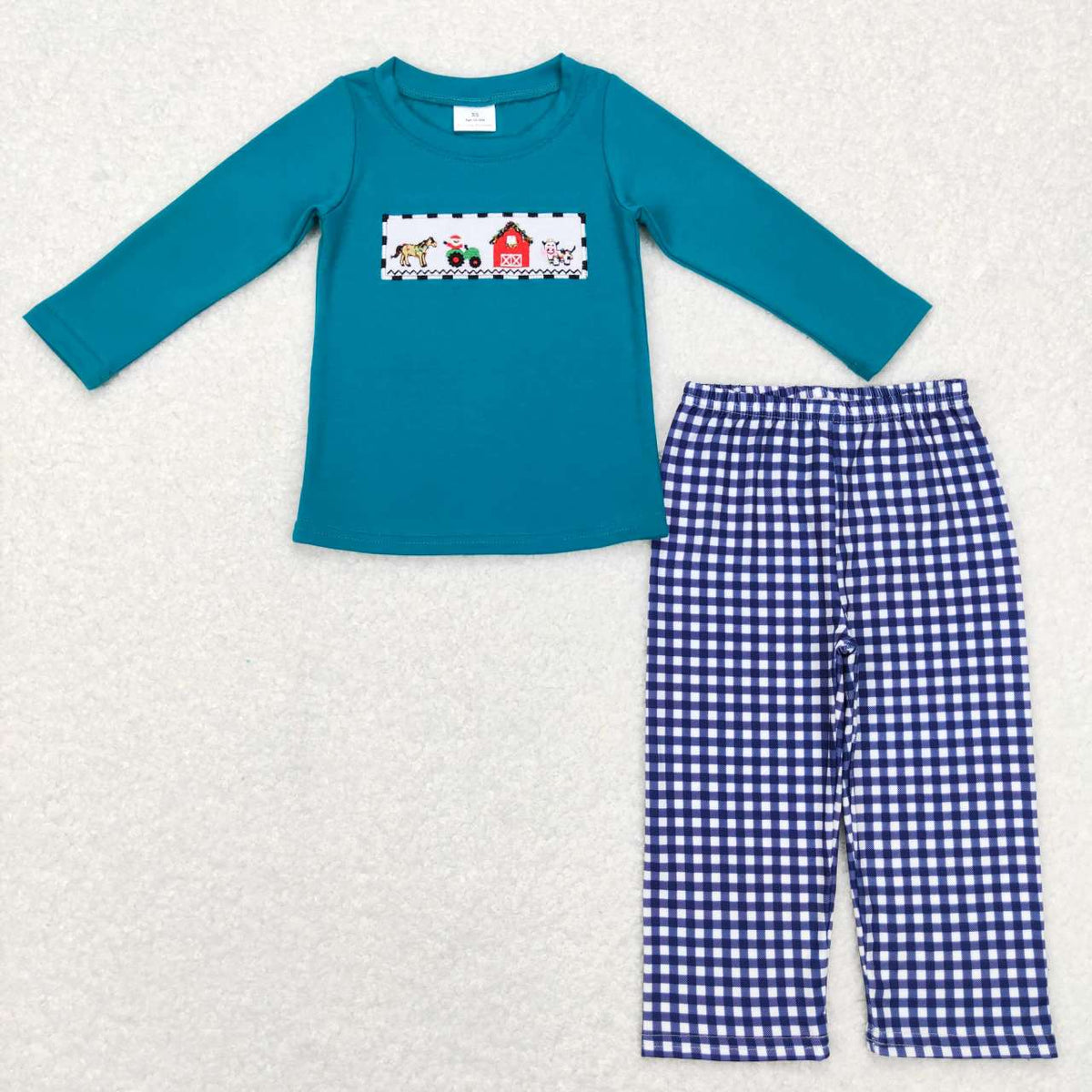 BLP0398 Farm house horse tractor checkered long sleeve green pants boys set