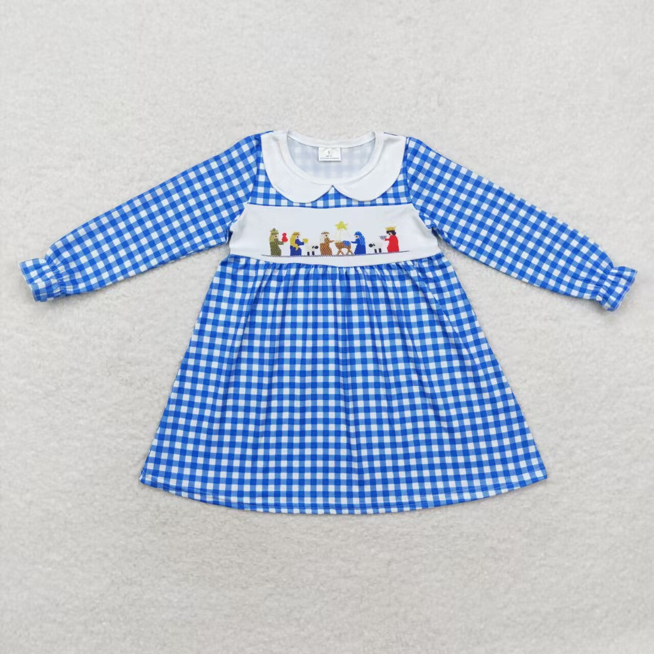 GLD0647 The Nativity Story blue checkered long sleeve girls dress