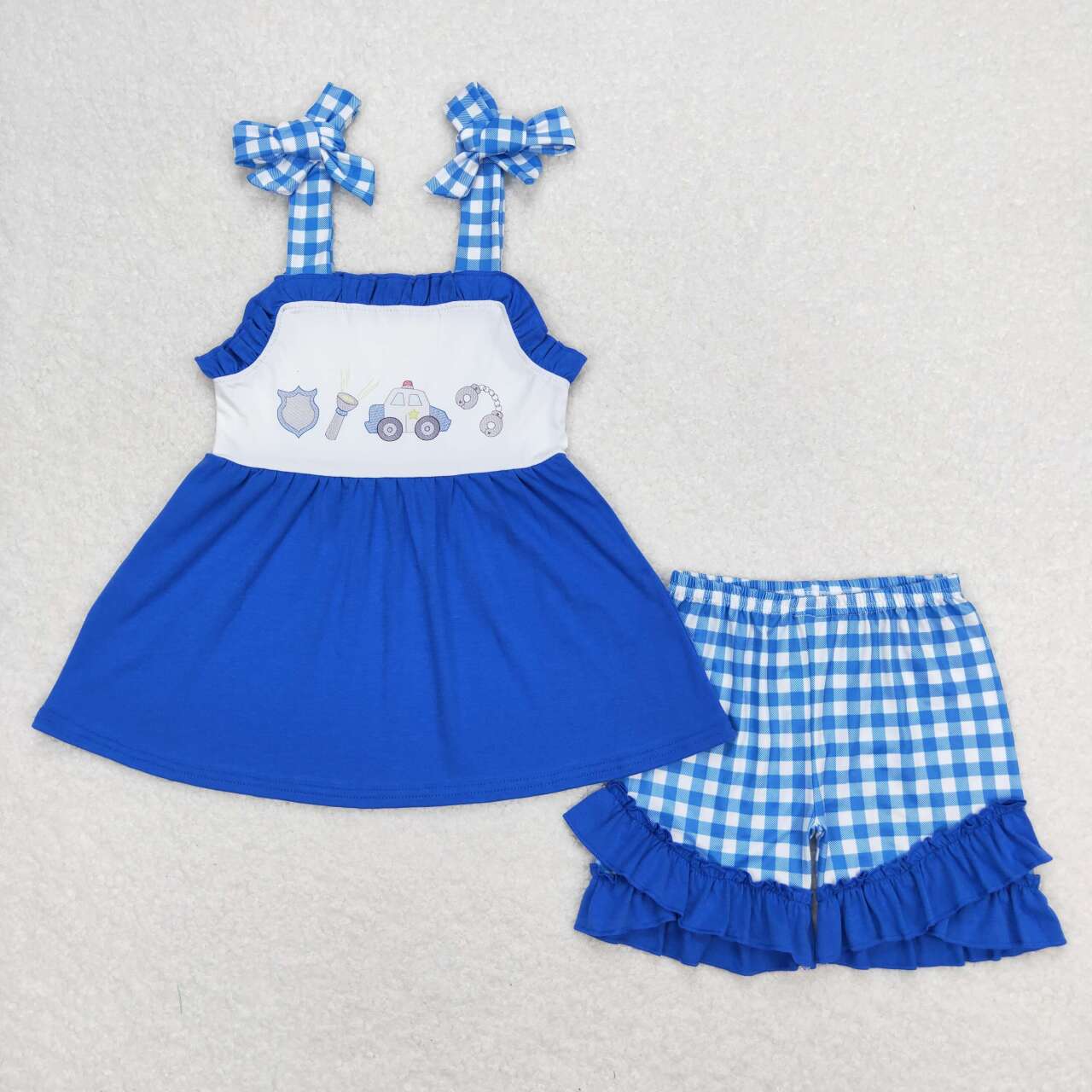 GSSO0717 Police car blue sleeveless blue checkered shorts girls set