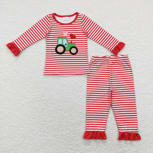 GLP1077 Embroidery Valentine's Day Heart tractor red striped girls pajamas