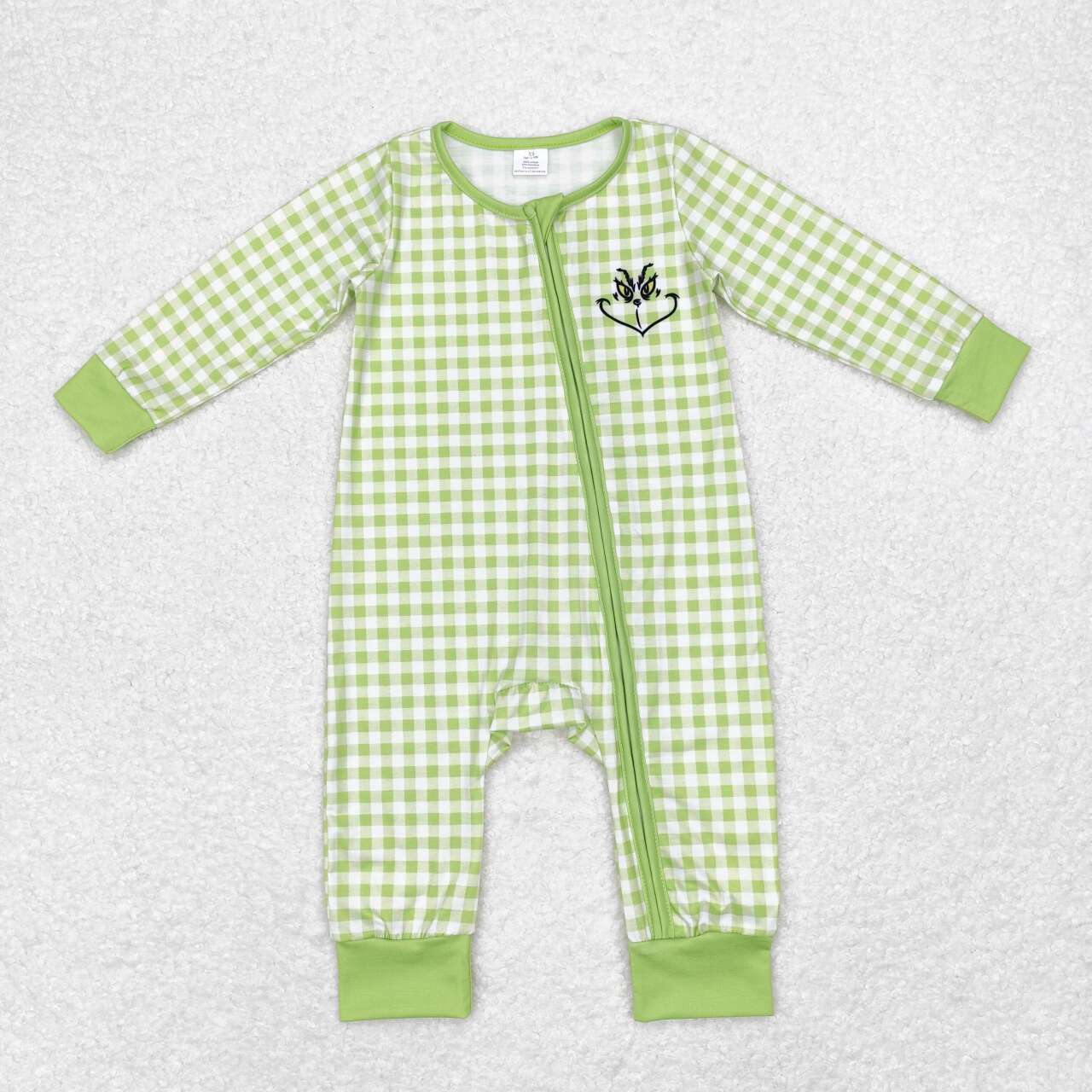 bamboo LR1251 Christmas green face green checkered long sleeve boys zipper romper