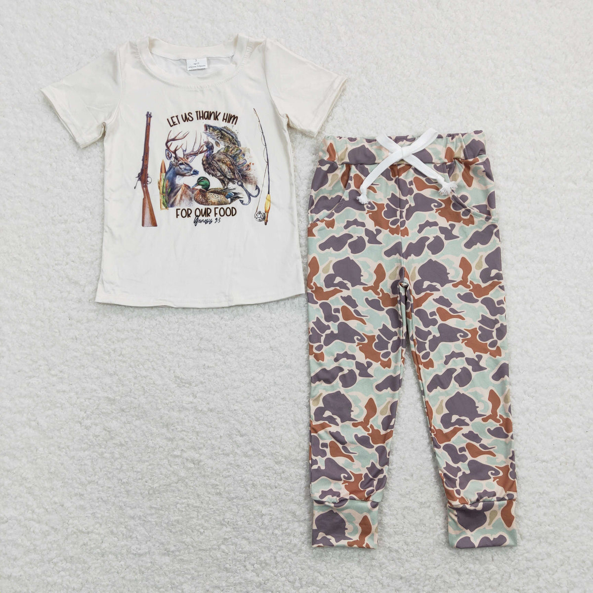 Hunting deer fish mallard short sleeve green camo pants boys set