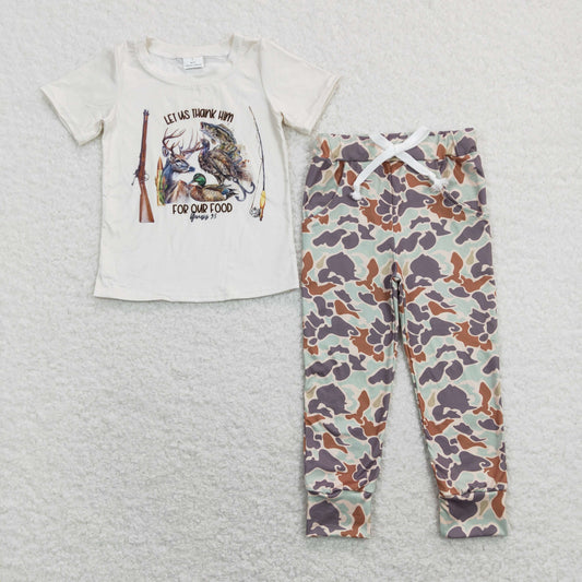 Hunting deer fish mallard short sleeve green camo pants boys set