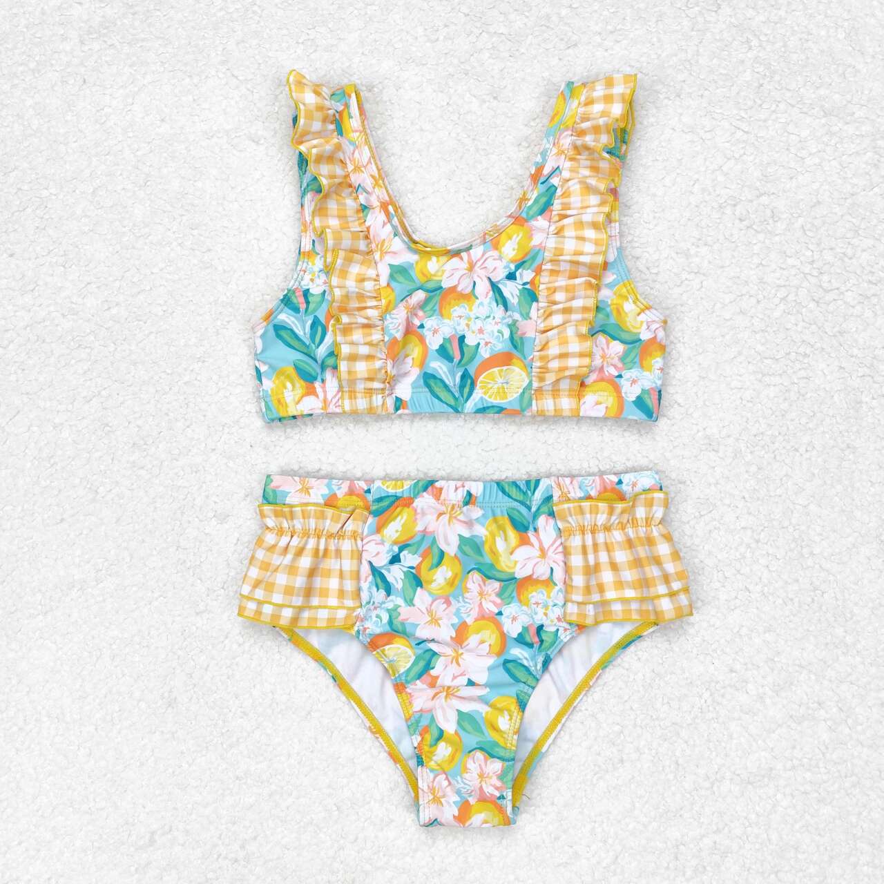 S0343 orange flowers checkered ruffles 2pcs girls swimsuits