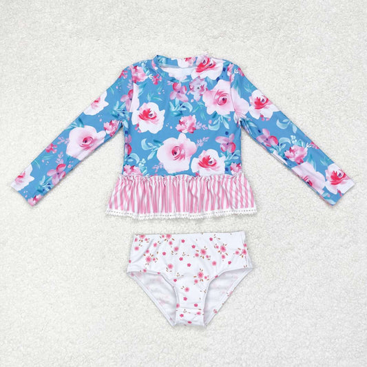 S0168 hot pink flowers blue long sleeve 2pcs girls swimsuits