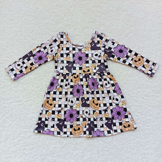 GLD0233 Halloween Skull Pumpkin Purple Girls Long-sleeve Dress