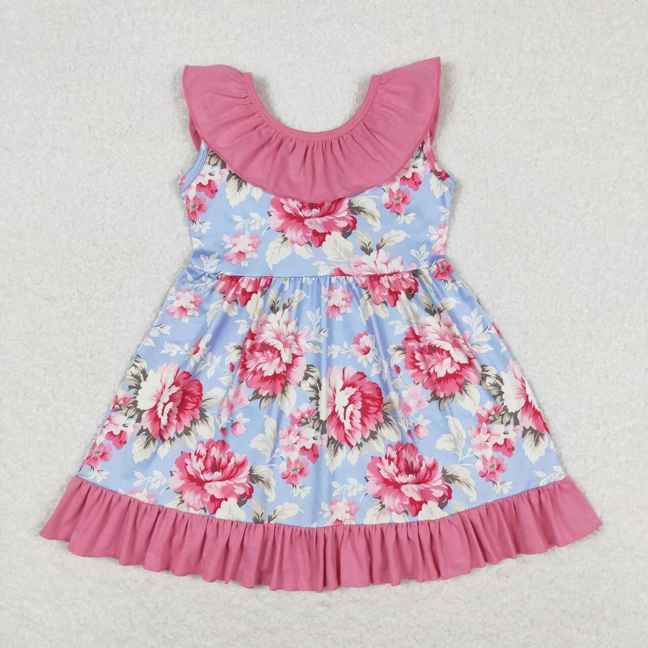 GSD0723 Hot Pink Flowers Blue Sleeveless Girls Dress