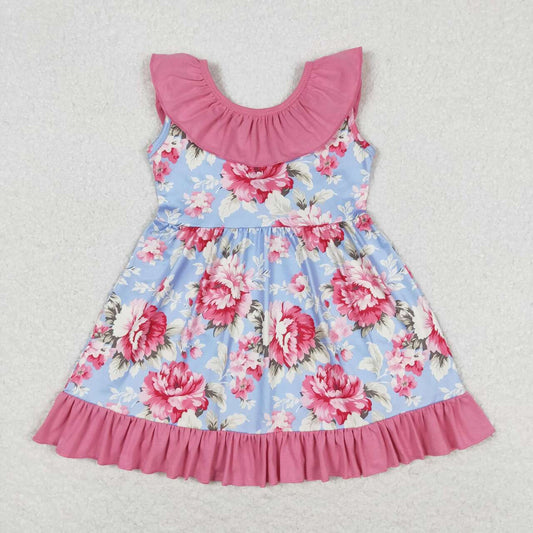 GSD0723 Hot Pink Flowers Blue Sleeveless Girls Dress