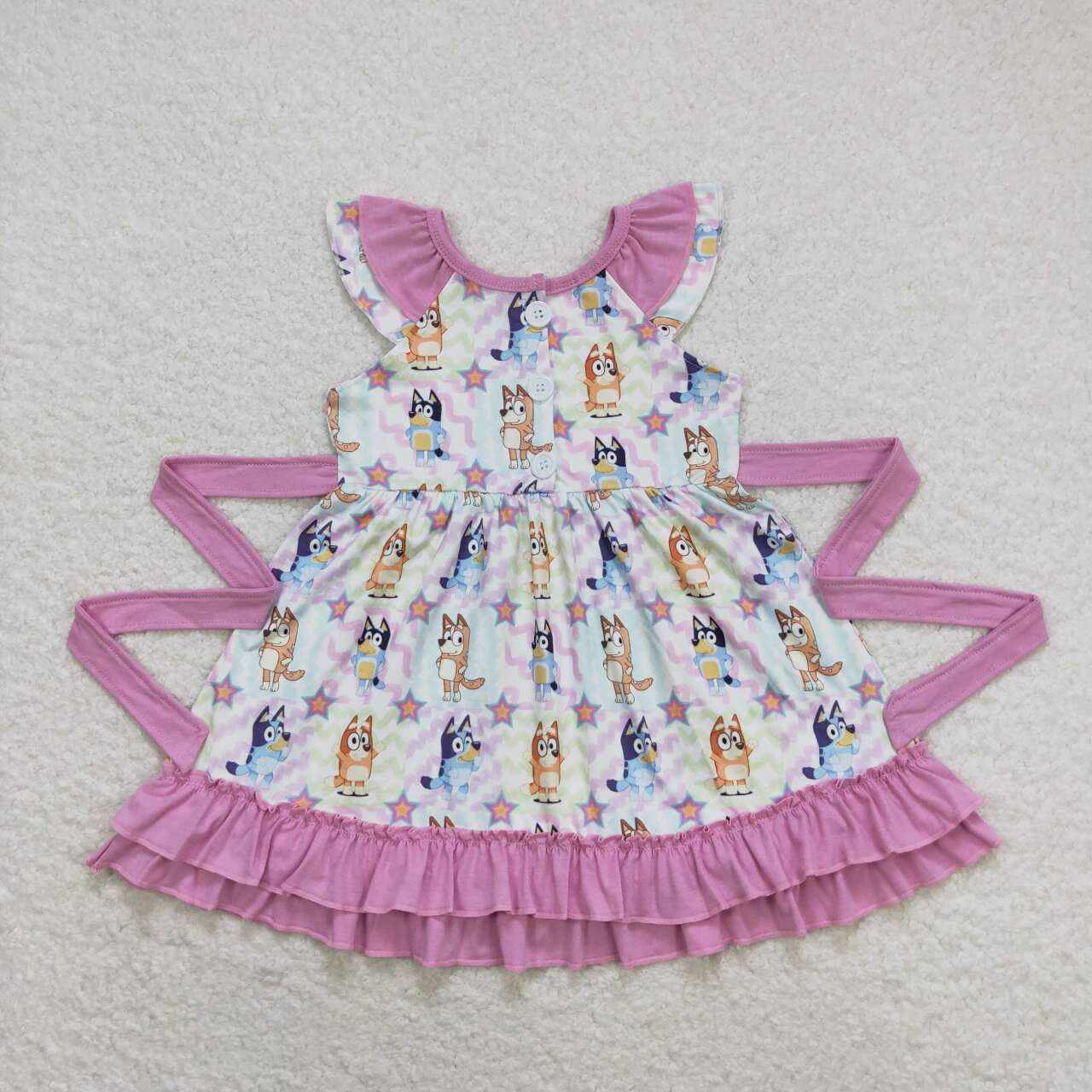 GSD1060 cartoon blue dog pink flutter sleeve girls dress