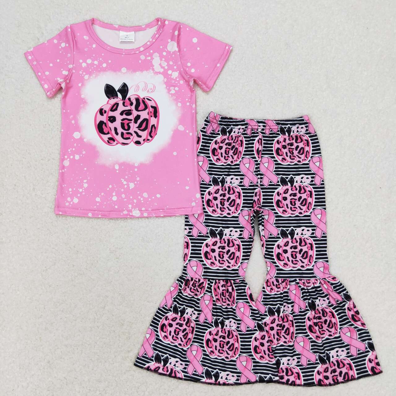 GSPO1592 in October we wear pink pumpkin short sleeve black striped pants girls set