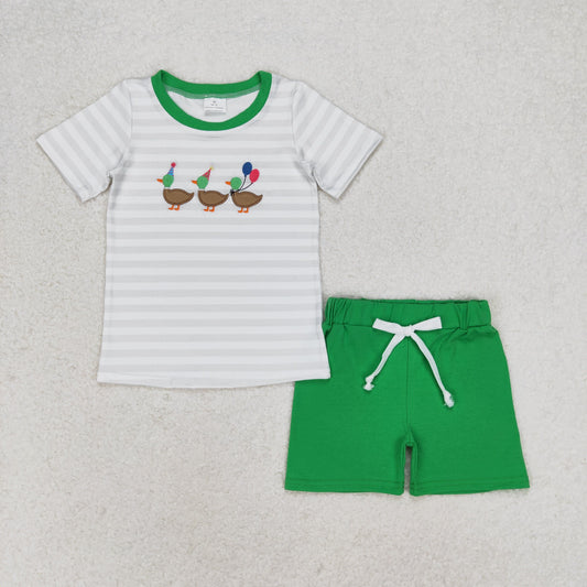 BSSO0926 embroidery happy birthday balloon duck mallard striped short sleeve green shorts boys set