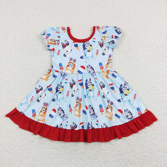 GSD0744 July 4th Cartoon Blue Dog Red Short Sleeve Girls Dress