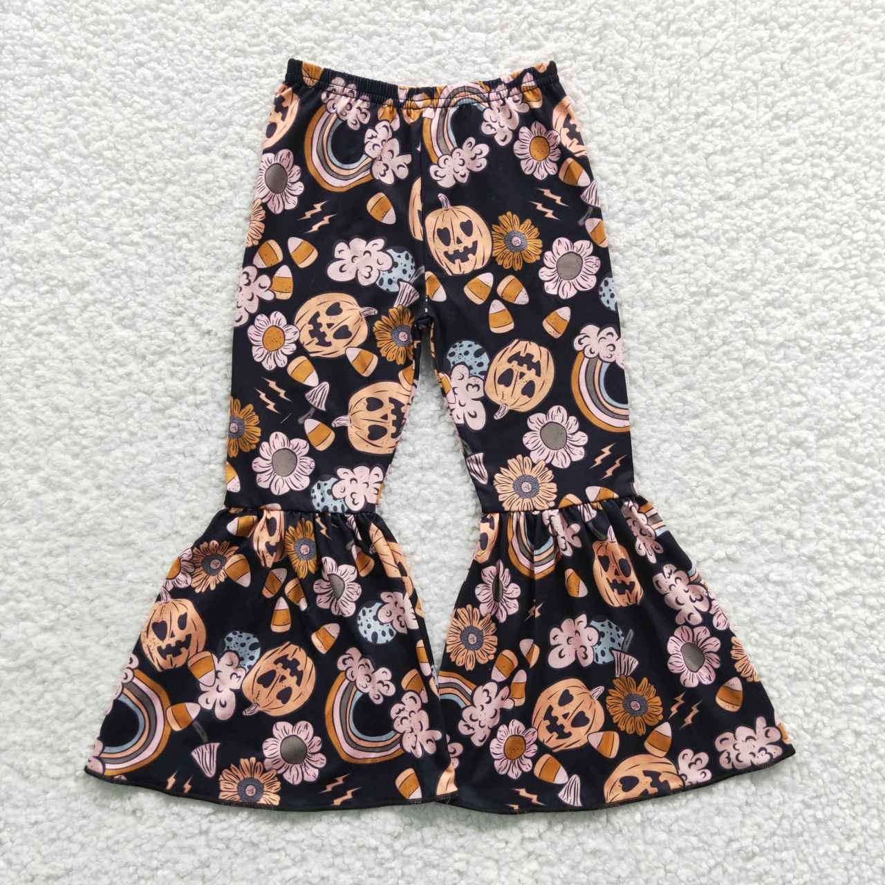 P0151 Halloween Pumpkin Rainbow Flowers Black Girls Kids Pant