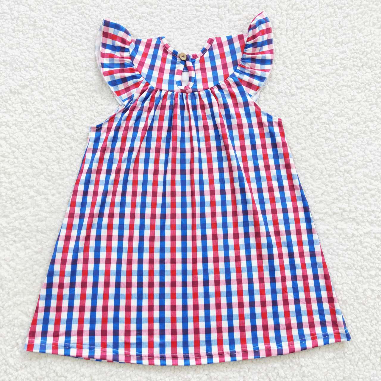 GSD0387 4th of July Embroidery National Flag Blue & Red Cell Flutter Sleeves Dress