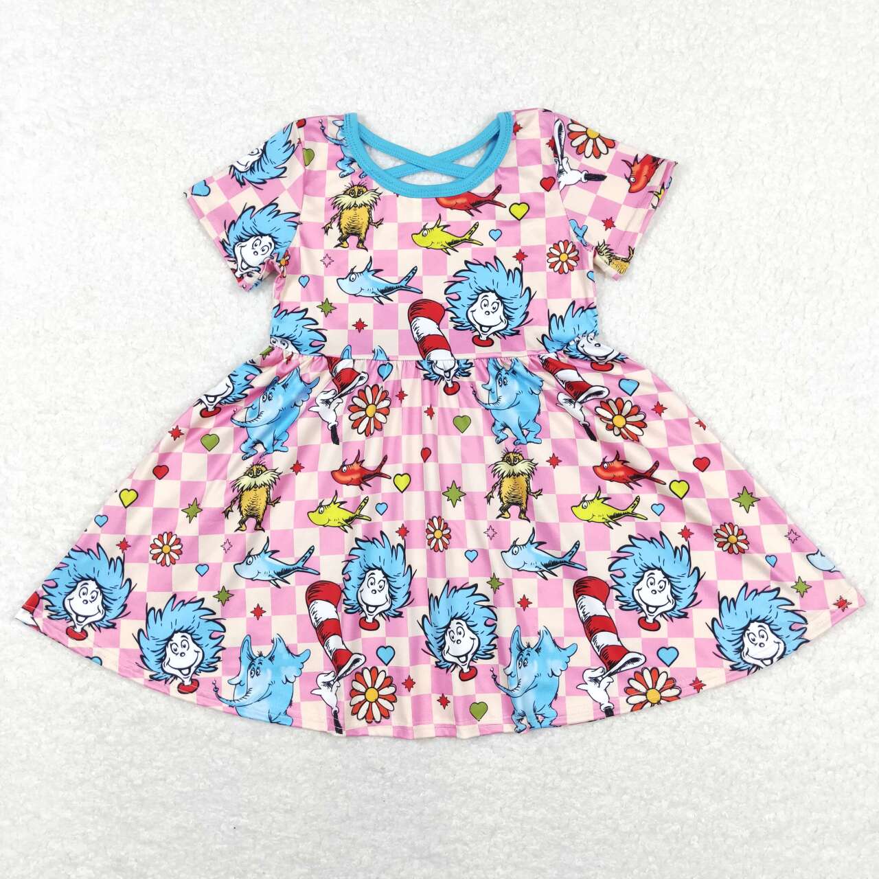 GSD0503 Dr cartoon pink checkered short sleeve girls dress