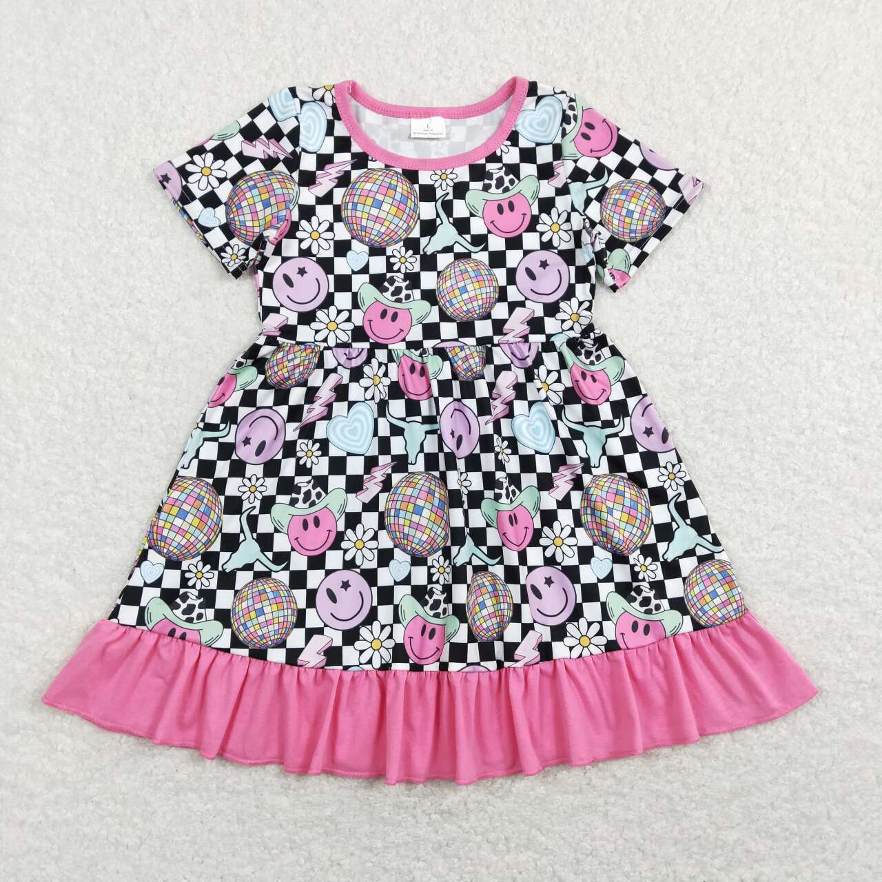GSD0757 Western Smile Hat Cow Black Checkered Short Sleeve Girls Dress