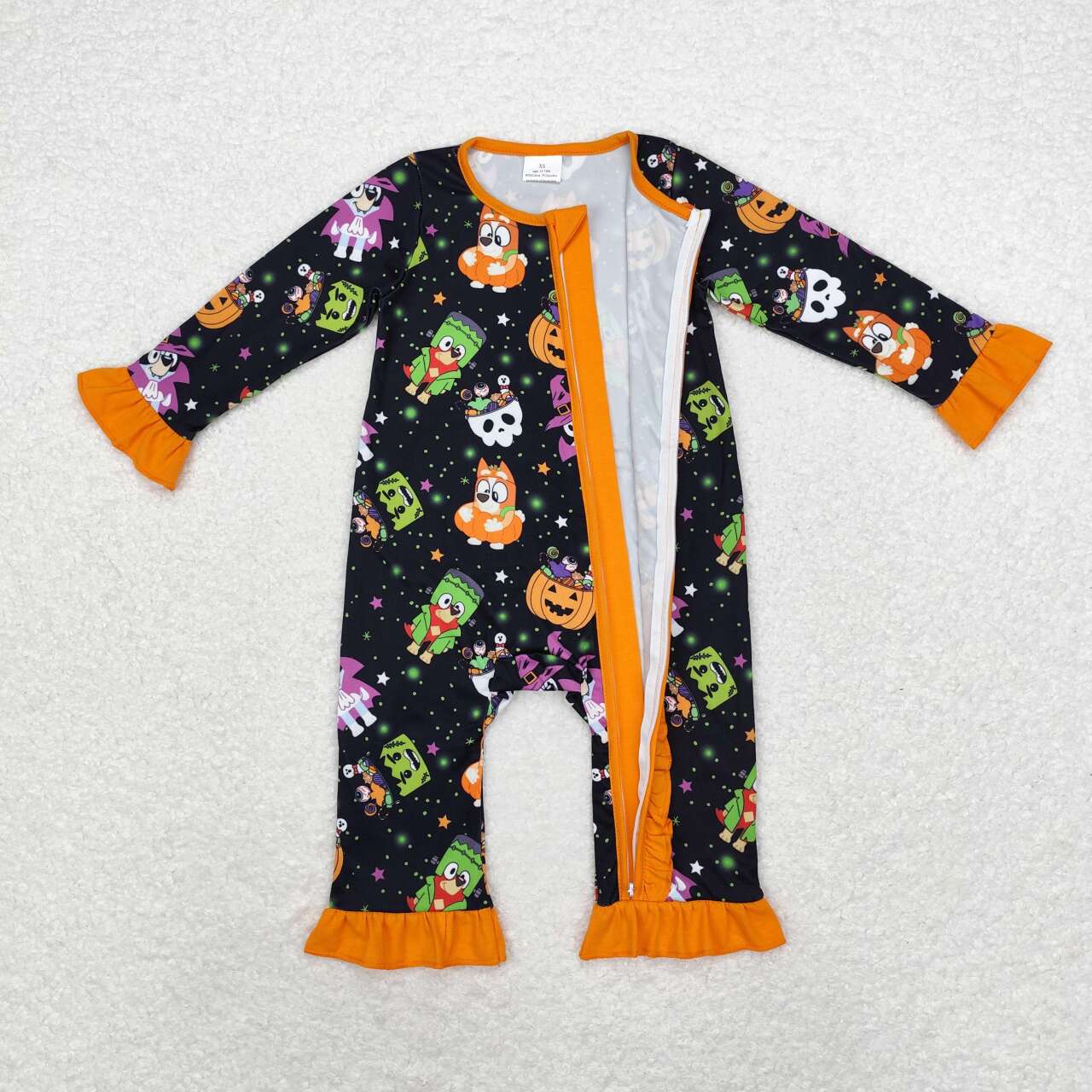 LR1694 Halloween pumpkin blue dog black orange long sleeve zipper girls romper