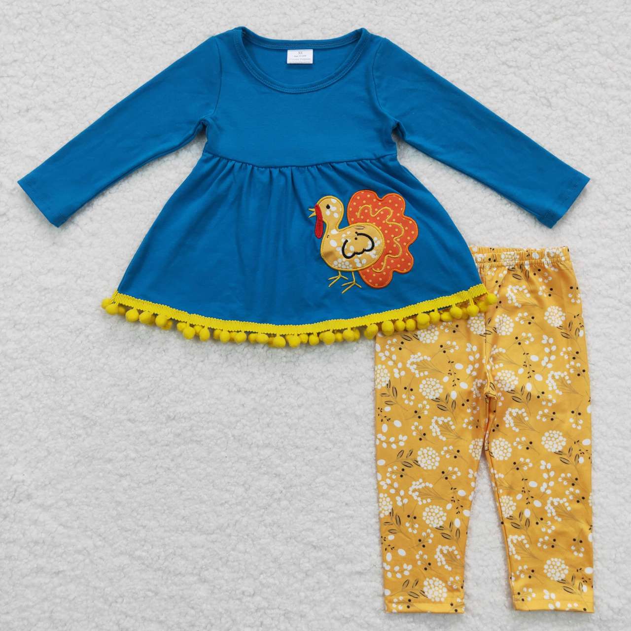 GLP0720 Thanksgiving turkey blue long sleeve white flowers yellow pants girls set