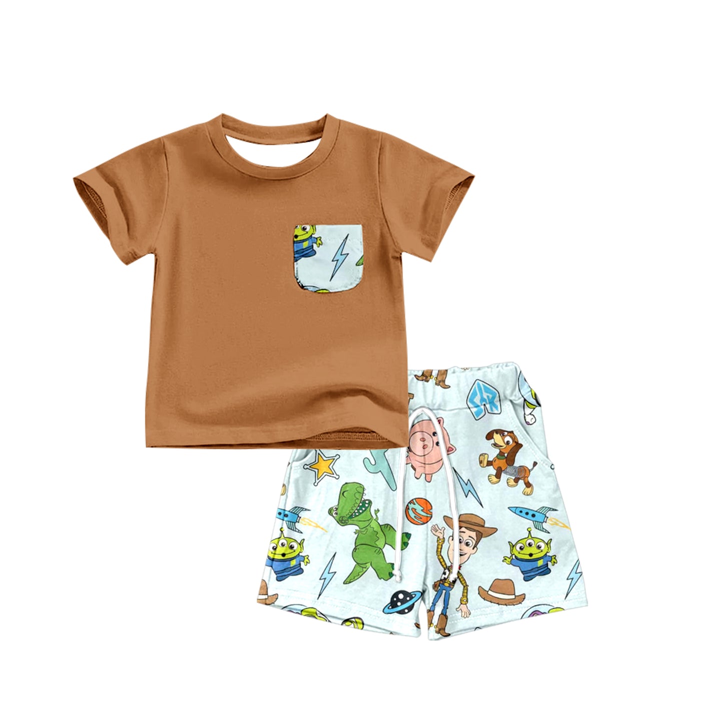 custom S cartoon toy brown pocket short sleeve shorts boys set
