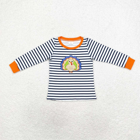 embroidery BT0818 Thanksgiving turkey navy blue striped long sleeve boys top