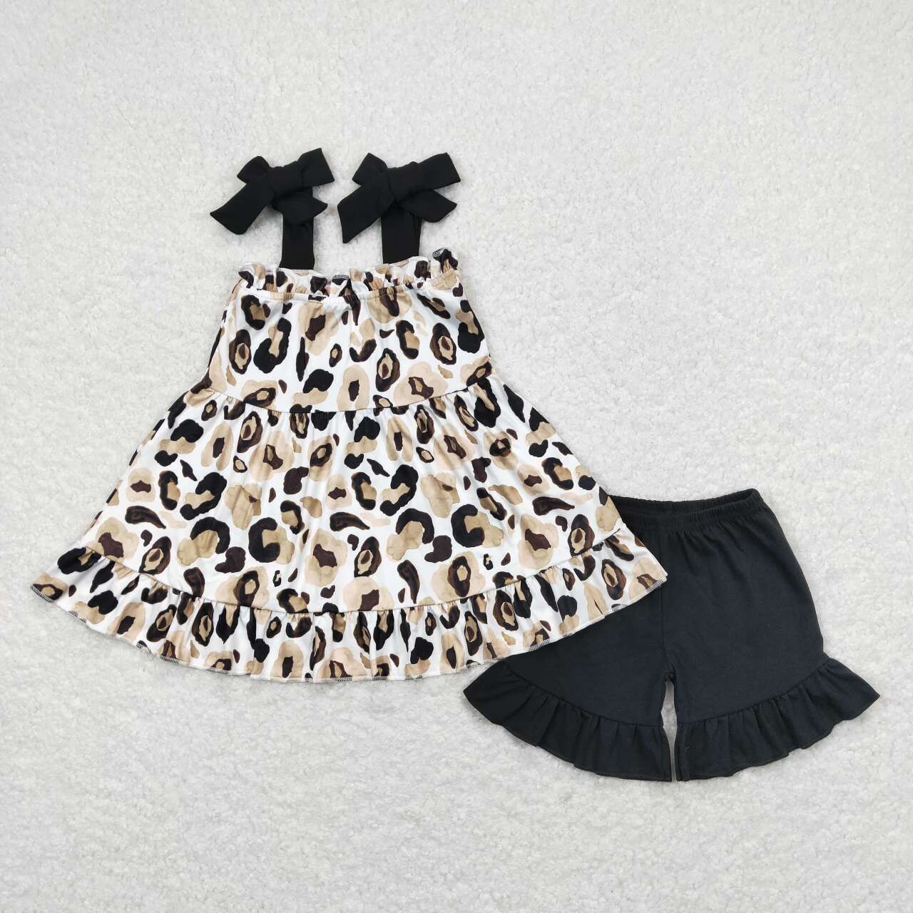 GSSO0738 Leopard sleeveless black shorts girls set