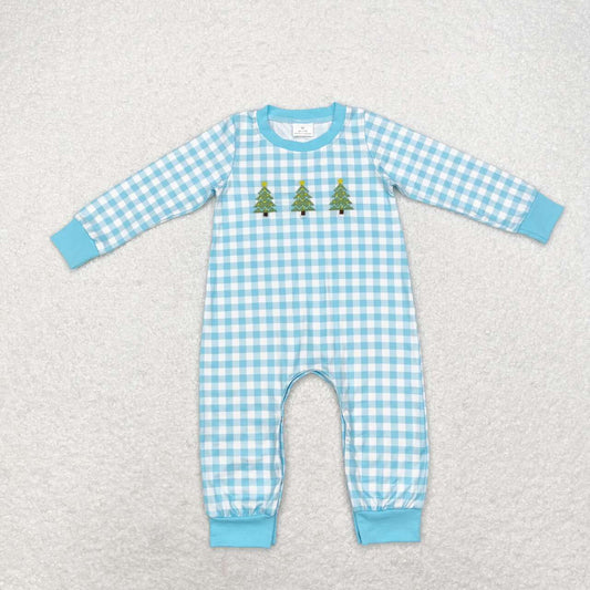 embroidery LR1366 Christmas tree blue checkered long sleeve boys romper