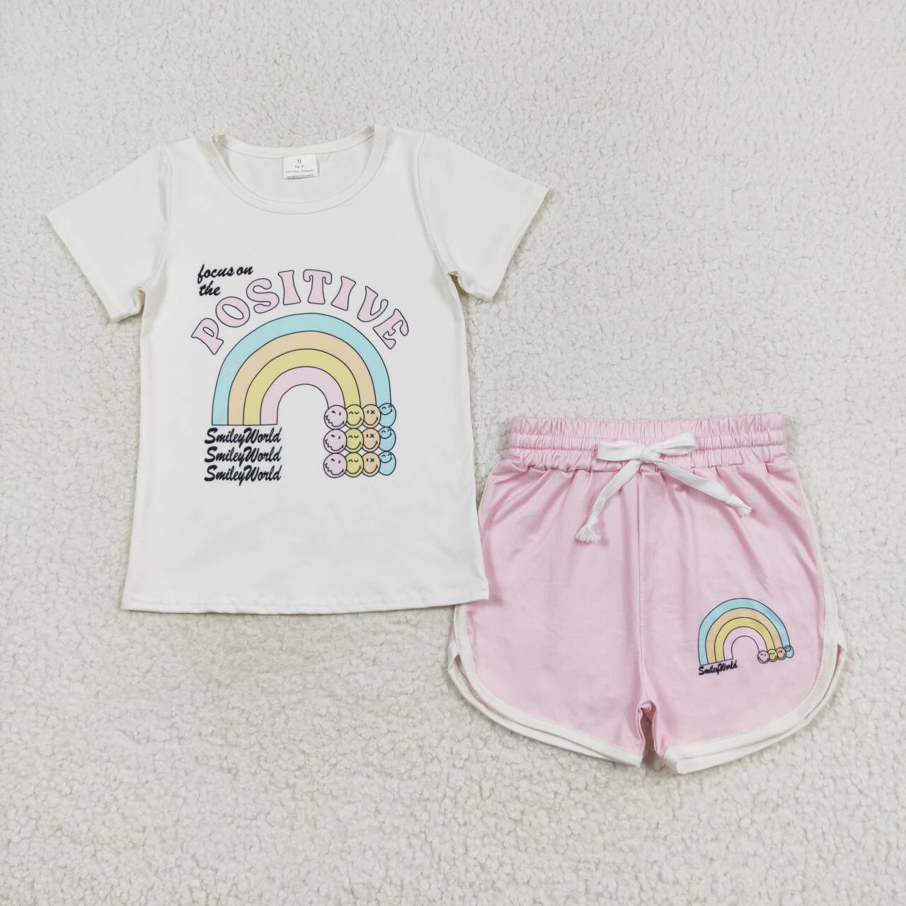 GSSO1175 positive rainbow smile short sleeve pink shorts girls set