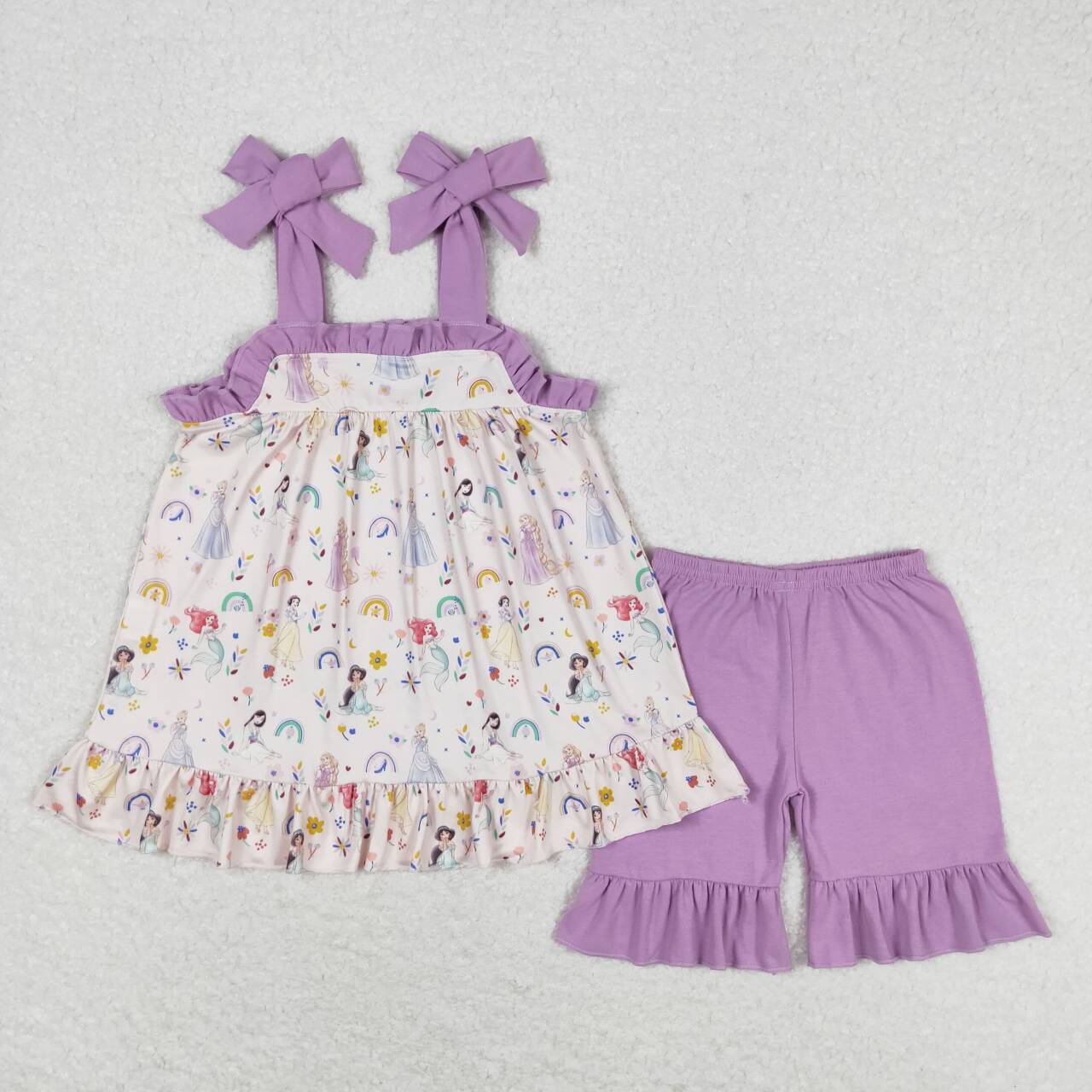 GSSO1044 cartoon princess rainbow flowers grey purple lace-up shorts girls set