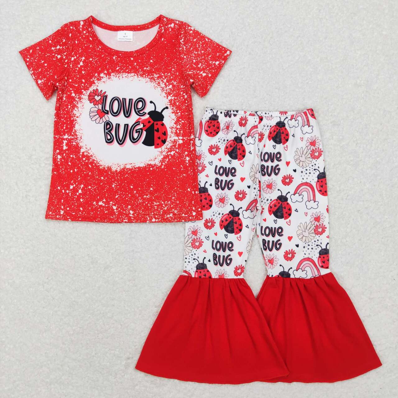 GSPO1102 Love bug red short sleeve rainbow pants flowers pants girls set